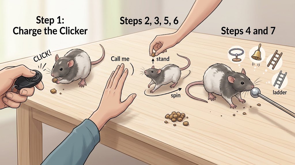 How to Train a Pet Rat: Step by Step
Step 1: Charge the Clicker
First, teach your rat that the click means a treat is coming. Click, then give a treat right away. Repeat several times until your rat perks up at the sound.
Remember the order: behavior, click, treat. The click doesn’t reward on its own. It works because it predicts the treat.
Step 2: Teach Its Name
Say your rat’s name when it’s in front of you. Reward it when it reaches for the treat. Slowly practice from farther away, such as from outside the cage.
Step 3: Come When Called
Put your rat on a bed or large table with nowhere to hide.
Move to the other side.
Click and treat just as your rat reaches you.
Once it runs to you reliably, say its name or “come” first.
Slowly add distance and mild distractions.
Step 4: Target Training
Hold out a target stick. Click and treat any interest, even a glance. Then reward a step toward it, and finally a nose touch.
Targeting is a powerful skill. Once your rat learns it, you can use it to teach spinning, coming to you, stepping up, and walking into a carrier.
Step 5: Stand Up
Hold a treat just above your rat’s head. When it rises onto its back legs, click and treat. Add the word “stand” once it does this easily.
Step 6: Spin
Use a treat or target stick to lure your rat in a small circle. Click and treat when it completes the turn. Start with half-circles if needed.
Step 7: Build Up to Harder Tricks
After the basics, try jumping through a hoop, ringing a small bell, or climbing a ladder. Break each trick into tiny steps and reward each one.
How Long Should Sessions Be?
how to train a pet rat